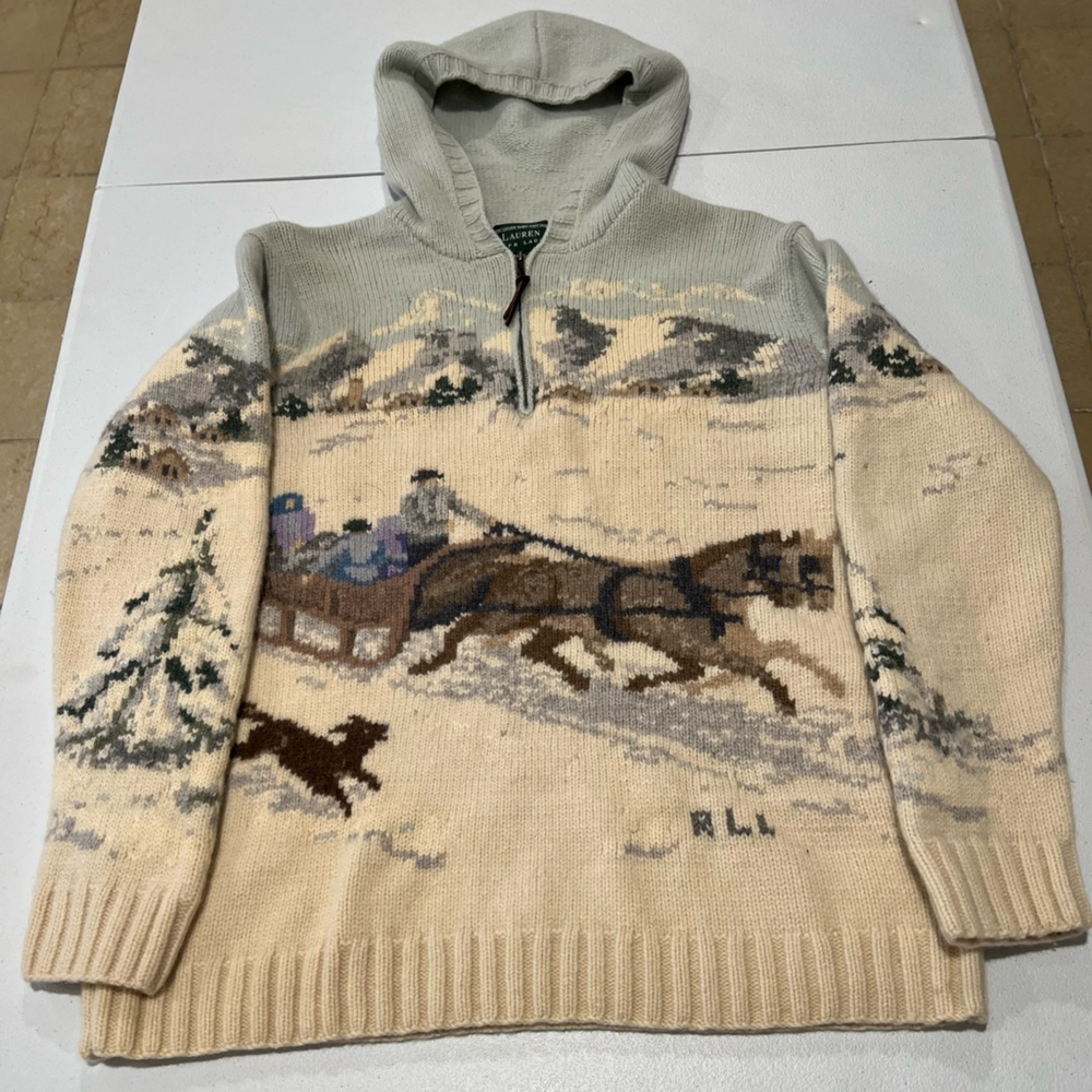 RALPH LAUREN VTG  EXCLUSIVE Hand Knit Lambswool Sweater Winter Scene Sled L - Picture 5 of 10